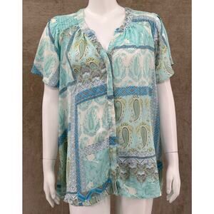 Rose +‎ Olive Top Womens 2X Blue Green Paisley Sheer Short Sleeve Button Up Boho